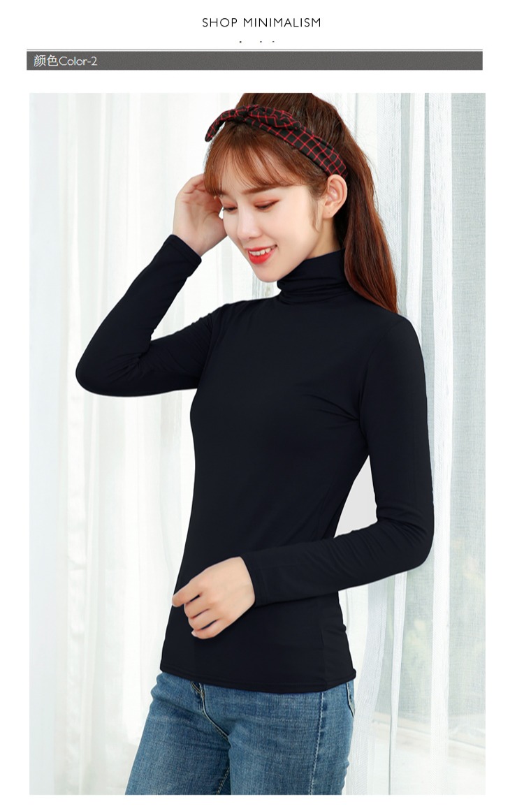 Mùa thu áo sơ mi mỏng modal nữ dài tay cổ cao mảnh mai cỡ lớn áo sơ mi cổ tròn mỏng hoang dã áo thun nữ