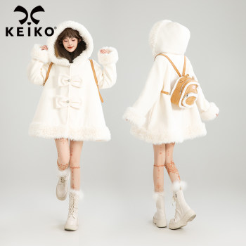 KEIKO [夹棉/保暖] 温柔感白色斗篷毛呢外套冬季氛围感蝴蝶结大衣