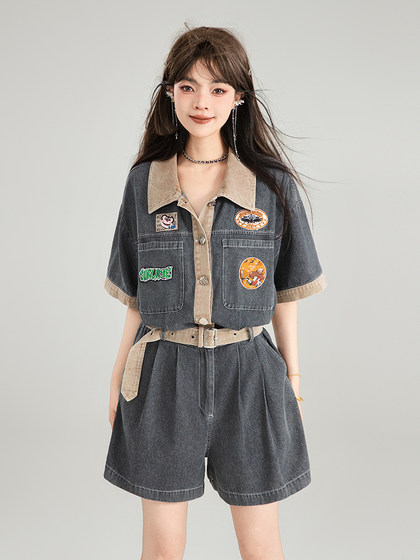 KEIKO 美式工装牛仔裤连体裤春夏复古薄款收腰显高显瘦连身衣短裤