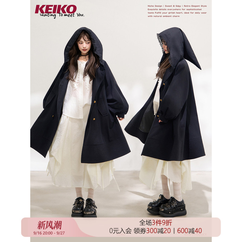 Keiko Heavyweight All-Cotton Washed Black Hooded Trench Coat Autumn Vintage Silhouette Double-Breasted Lantern Sleeve Coat Keiko Heavyweight All-Cotton Washed Black Hooded Trench Coat Autumn Vintage Silhouette Double-Breasted Lantern Sleeve Coat