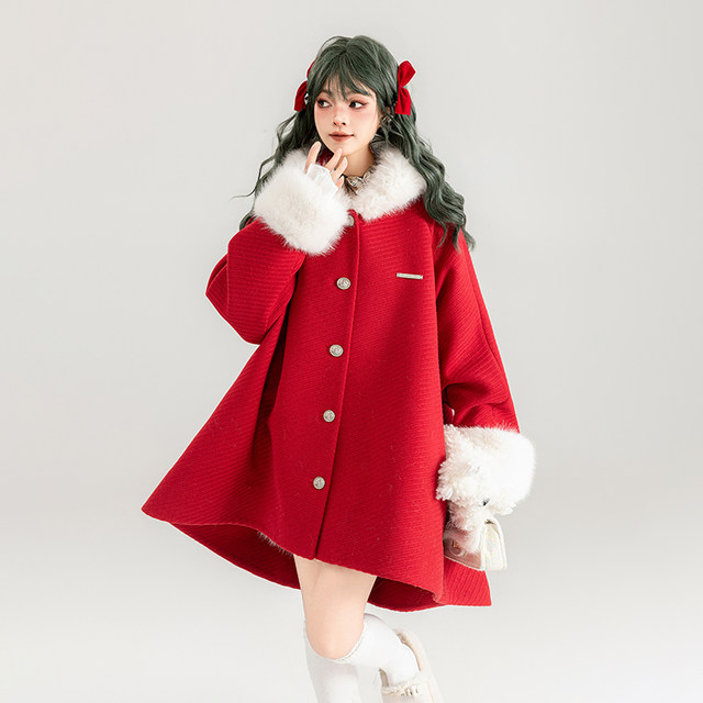 KEIKO New Year Series Red Woolen Coat Women's 2024 Early Spring Cape Type Slim Hooded Woolen Coat