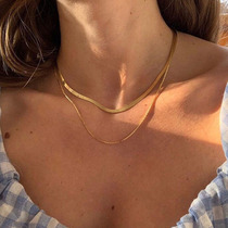 Minimalist 100 lap Double Snake Bone Chain Short Necklace Female Kengdou With Lukewarm Wind Stack Wearing Wide Flat Collarbone Chain Plated Real Gold