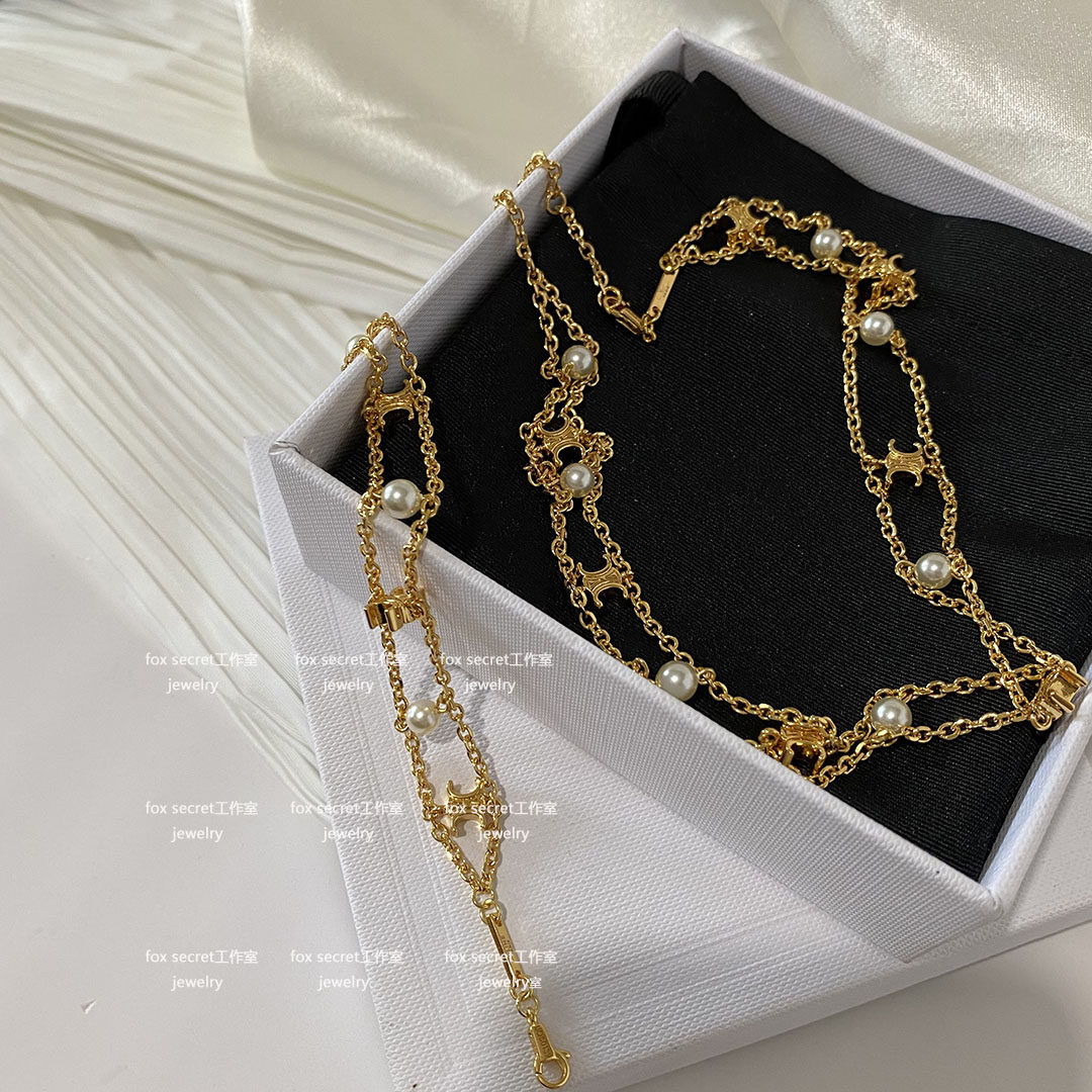 Legal Temperament Kyuck Door Pearl Double Layer Short Money Chain Choker Lock Bone Chain Hand Condensed Brass Plated Real Gold