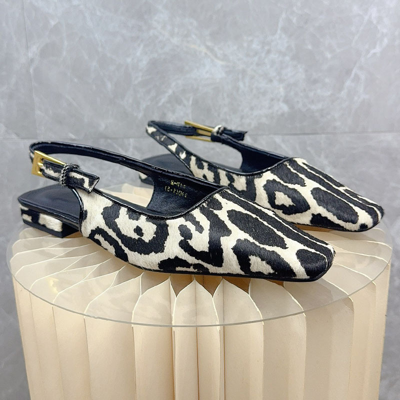 Cow Print Horsehair Women's Slippers 2026 New Black and White Leopard Print Genuine Leather Mid-Heel Half-Covered Sandals Half-Slipper Shoes