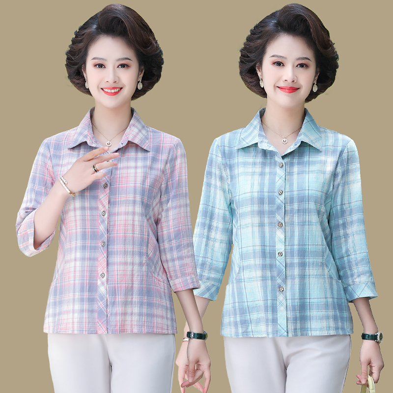 Middle-Aged and Elderly Women's Pure Cotton Shirts, New Summer Style, Stylish Mother's Clothing, Three-Quarter Sleeve Tops, Thin Plaid Shirts for the Elderly
