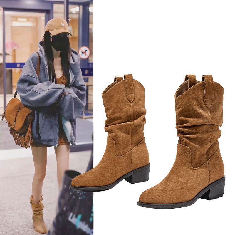 Yang Mi's Same Style Western Boots 2025 Autumn New Suede Pleated High-Heeled Cowboy Boots Chunky Heel Stacked Short Boots Trendy