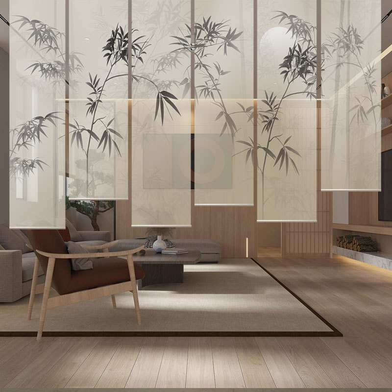 Song's Aesthetic Curtains Roller Blinds New Chinese Style Screen Partition Tea Room Decoration Electric Living Room Entrance Curtain Bamboo