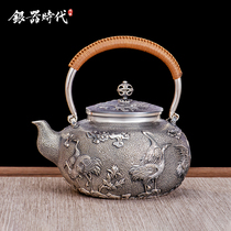 Silver Age Silver pot kettle Silver kettle One hit 999 sterling silver peony crane home handmade beam pot