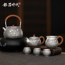 Silver Age silver tea set 999 sterling silver set Daisy peony foot silver Chinese retro style collection gift silver pot