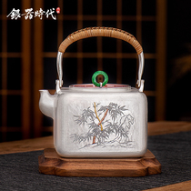 Silver Age Meilan Bamboo Chrysanthemum Silver Pot Sterling Silver 999 Kettle Vintage Pure Handmade Master Collector Grade Silver Teapot