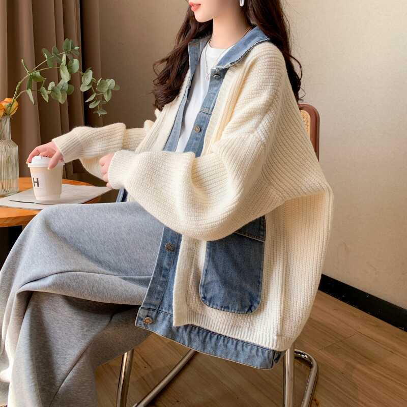 Denim Patchwork Sweater Cardigan for Women 2024 New Spring and Autumn Preppy Style Loose Design Knitted Thick Coat