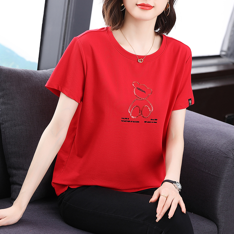 Red Short-Sleeved T-Shirt for Women, Pure Cotton, 2026 New Summer Style, Stylish Embroidered Sequin Loose Casual Top for Moms Red Short-Sleeved T-Shirt for Women, Pure Cotton, 2026 New Summer Style, Stylish Embroidered Sequin Loose Casual Top for Moms