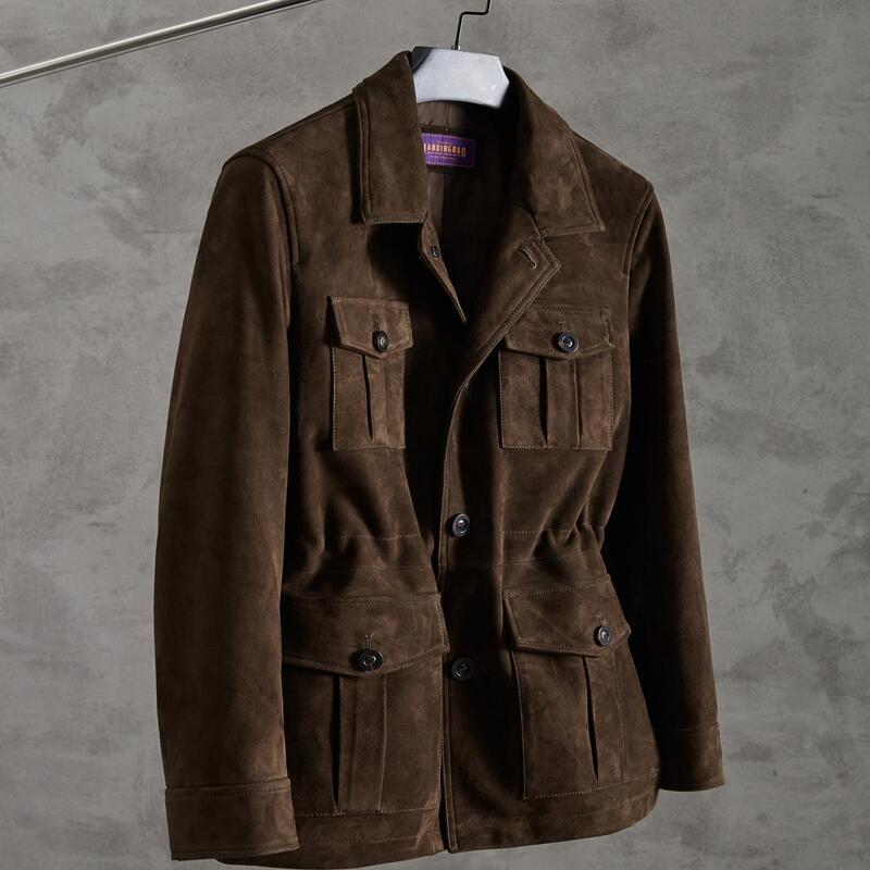 Rl Series Mixed Cashmere Lambskin Mid-Length Lapel Hunting-Style Suede Men's Jacket Old Money Style Retro Jacket