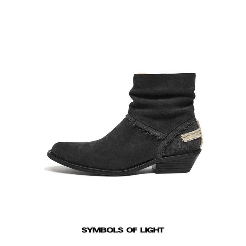Symbols of Light Cross Emblem Chelsea Boots Handmade Suede Genuine Leather Fashion Wrinkled Casual Ankle Boots