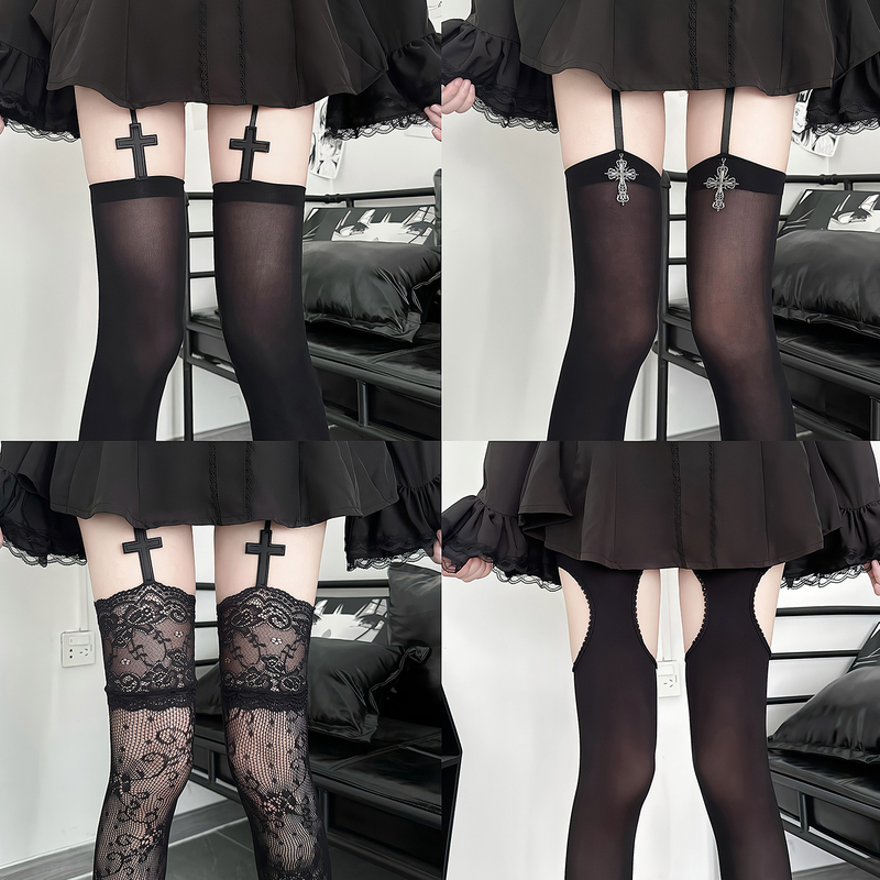 Gothic Style Cross Garter Stockings Collection Dark Y2K Millennial Hot Girl Thigh-High Stockings Subculture Jk Pantyhose