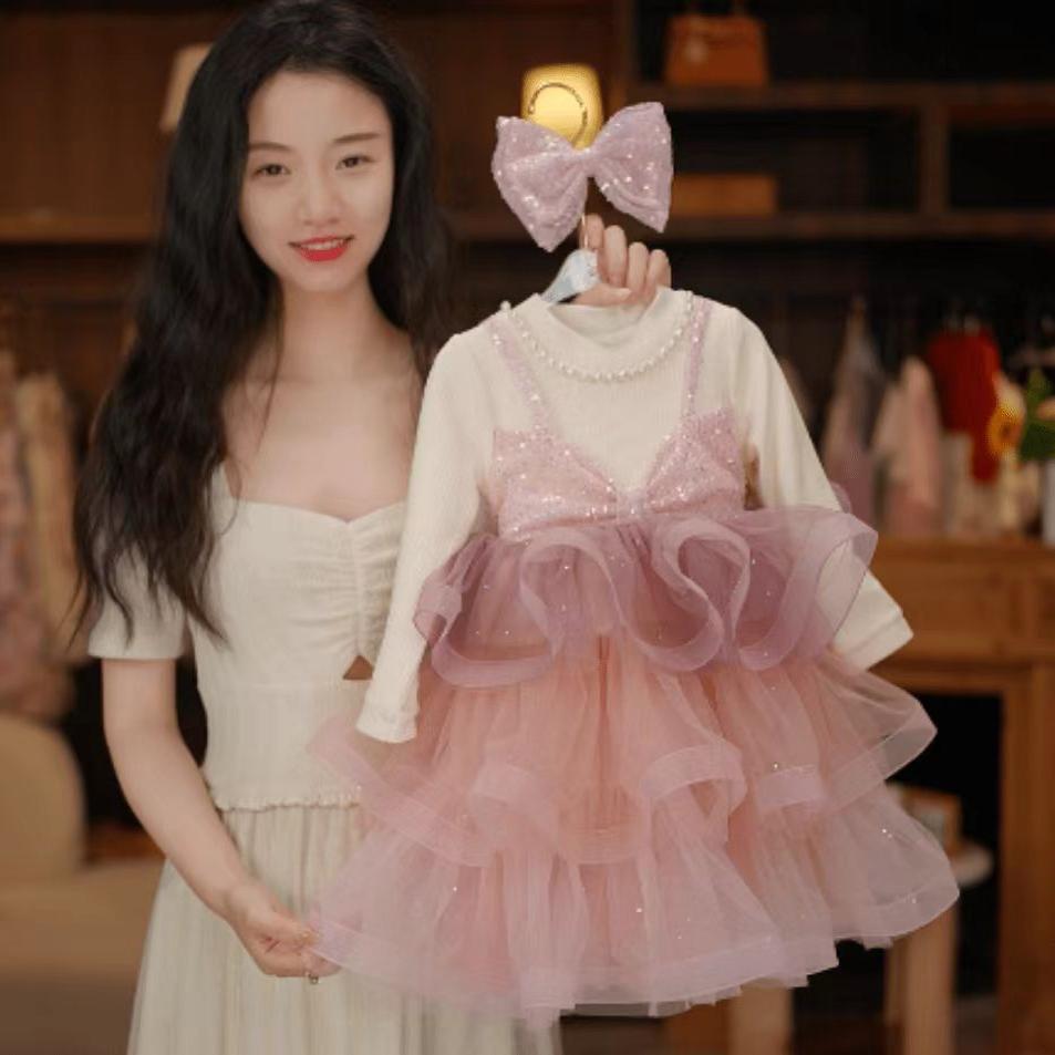 女の子のフェイクツーピーススパンコールメッシュケーキスカート秋と冬の女の子の甘いドレス気質ドレスプリンセススカート