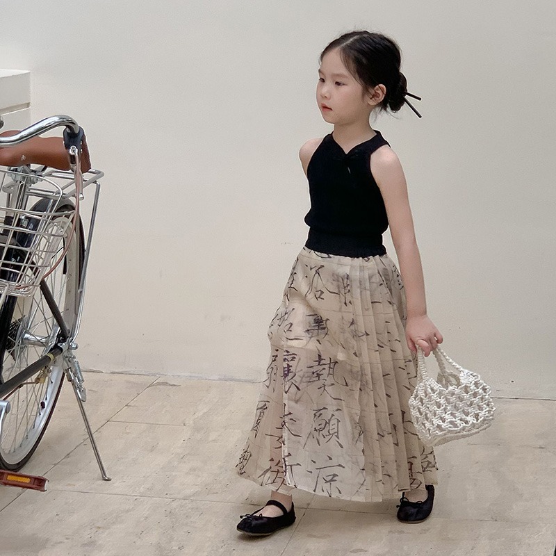 Girls Sleeveless Chinese Style Suit 2024 Summer Children's New Chinese Style Thousand-Character Horse Face Skirt Cheongsam Vest Two-piece Set