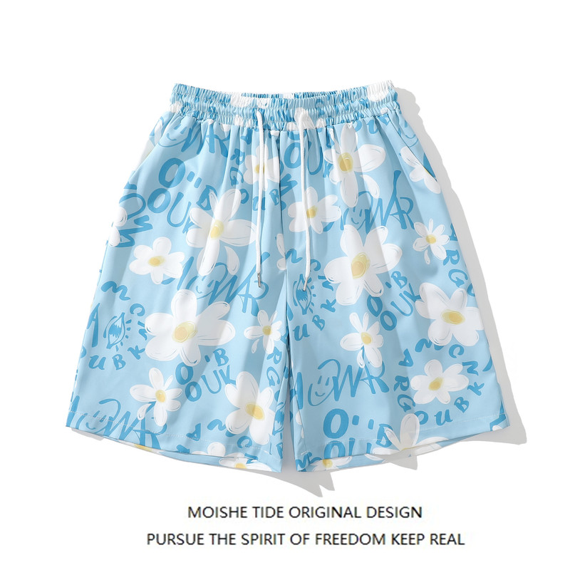 Moishe Tide Hawaiian Floral All-Over Print Beach Shorts Unisex Trendy Loose Casual Sports Shorts