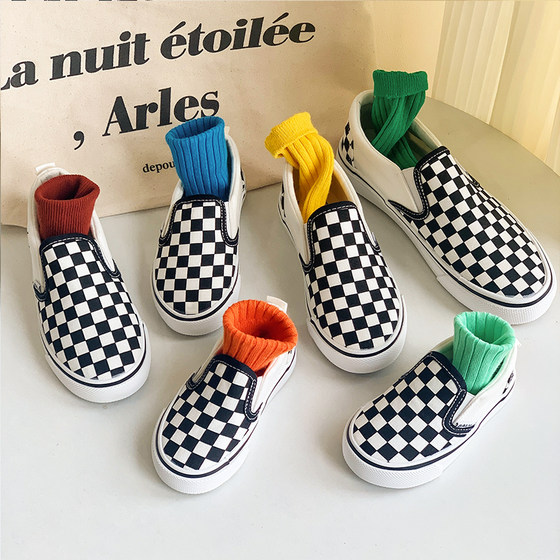 Black and white checkered children's canvas shoes spring and autumn new boys and girls slip on board shoes middle and big children's cloth shoes baby parent-child shoes