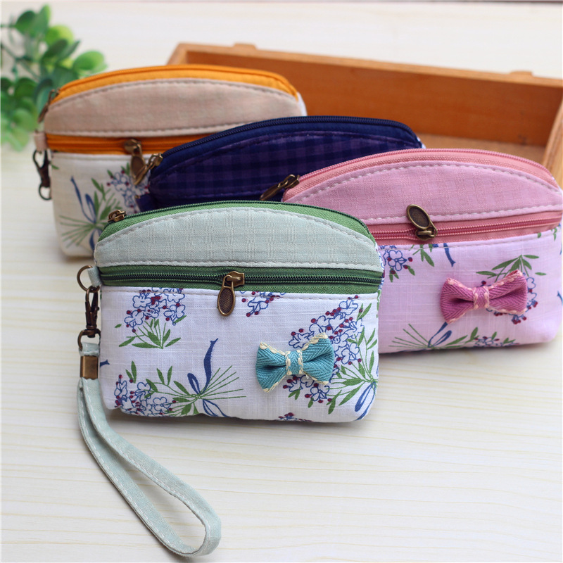 Small Fresh Cotton Hemp Double Pull Chain Zero Wallet Girl Han Edition Lace Cloth Art Mini Hand Grab Coin Small Bag Key Bag