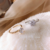 S925 Sterling Silver Vintage Vintage Baroque hollow ring Fine totem carat diamond ring four-claw Zircon