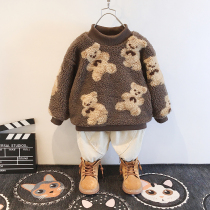Baby plus velvet sweater winter new childrens clothing childrens thick round neck warm clothing boy lamb cashmere cute coat