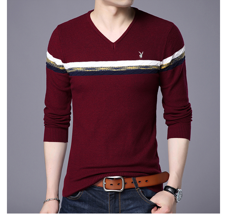 Playboy nam mùa thu cổ chữ V cotton dài tay áo thun trẻ trung phiên bản Hàn Quốc của dòng áo len mỏng nam áo phông trắng nam