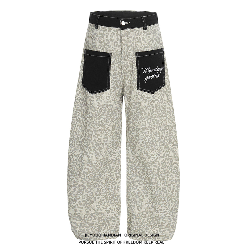 American Retro Leopard Print Patch Pocket Embroidered Jeans Unisex Loose Street Style Wide-Leg Casual Pants Trendy