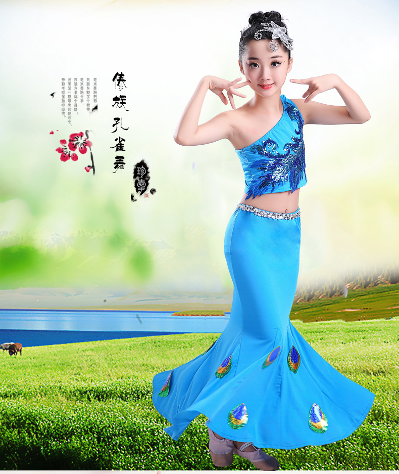 Trang phục múa cho trẻ em Dai Dance Trang phục múa cho trẻ em Cô gái Dais Váy đuôi cá Dai Dance Váy dài - Trang phục đồ bé gái