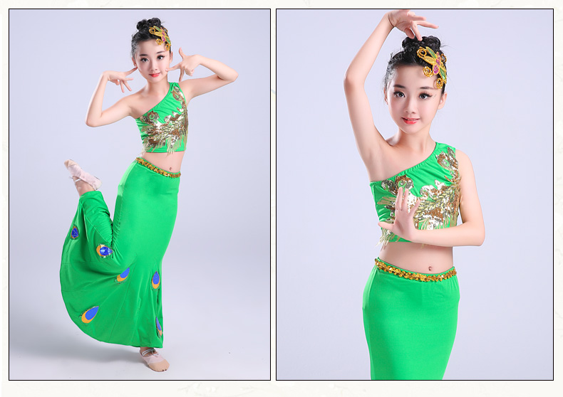 Mới cho trẻ em Áo dài váy đuôi cá kéo dài váy con công trang phục cô gái dài tay quần áo biểu diễn quốc gia shop trẻ em