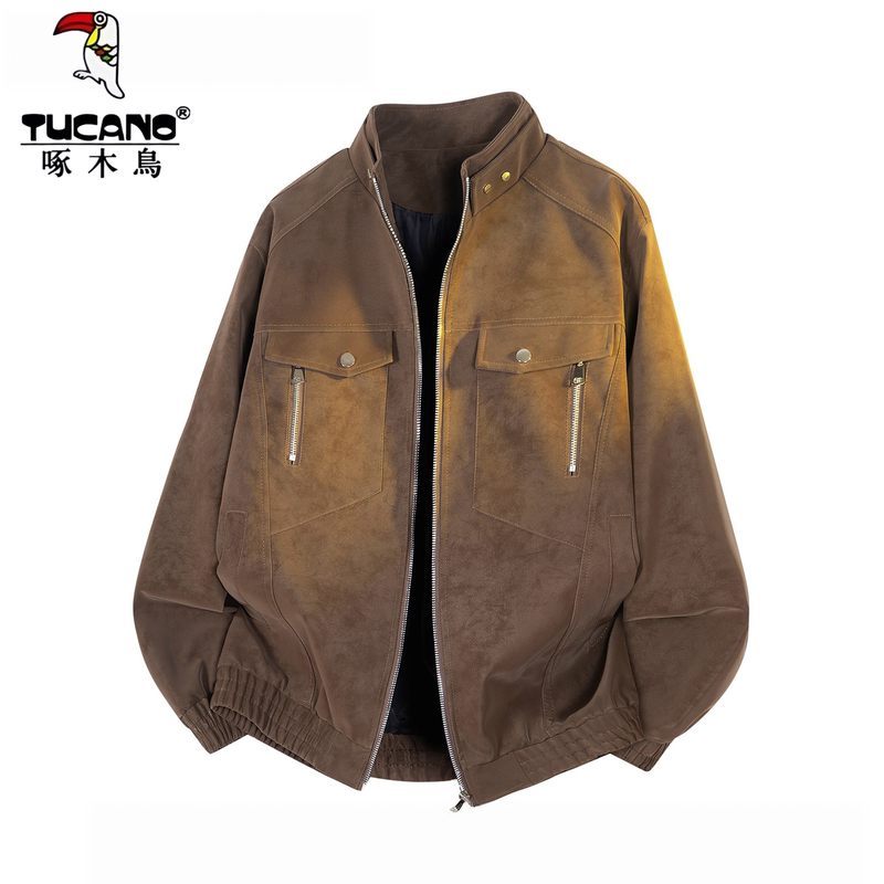 Woodpecker 2026 Autumn New American Retro Tie-Dye Pu Leather Jacket Men's Loose Baseball Collar Coat Woodpecker 2026 Autumn New American Retro Tie-Dye Pu Leather Jacket Men's Loose Baseball Collar Coat