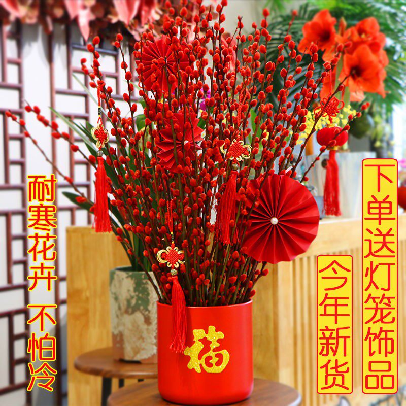 Lucky silver willow dry flower real flower fresh branch hydroponic plant red silver willow New Year's Eve flower blessing bucket living room interior decoration