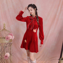 Fish leap small dress dress velvet red embroidery lace Noble thin simple atmospheric party dress women Autumn