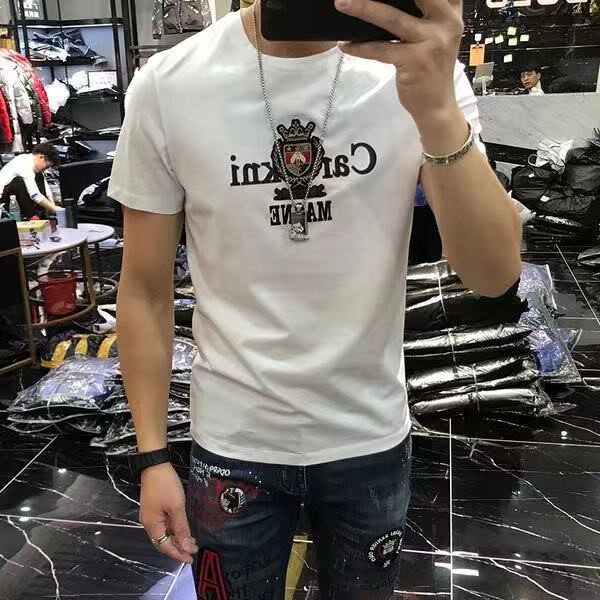 Men's 2020 summer short-sleeved T-shirt men's new European station tide brand round neck slim badge embroidery trend t-shirt