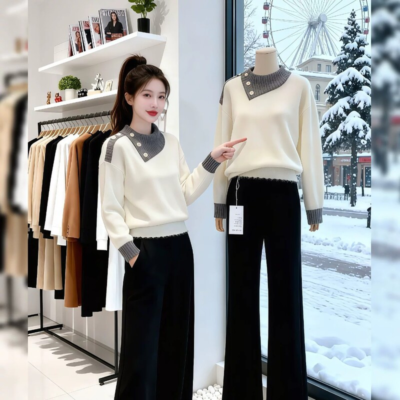 White Diagonal Collar Buttoned Sweater for Women, 2026 New Winter Style, Can Be Worn Outside or Inside, Super Stylish Thick Knit Top
