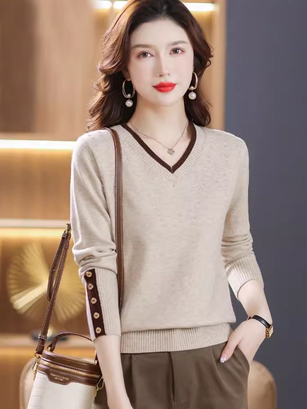 Ordos City Wool Sweater for Women, New Spring and Autumn V-Neck Knitted Top, Outerwear Sweetheart Neckline Loose Sweater