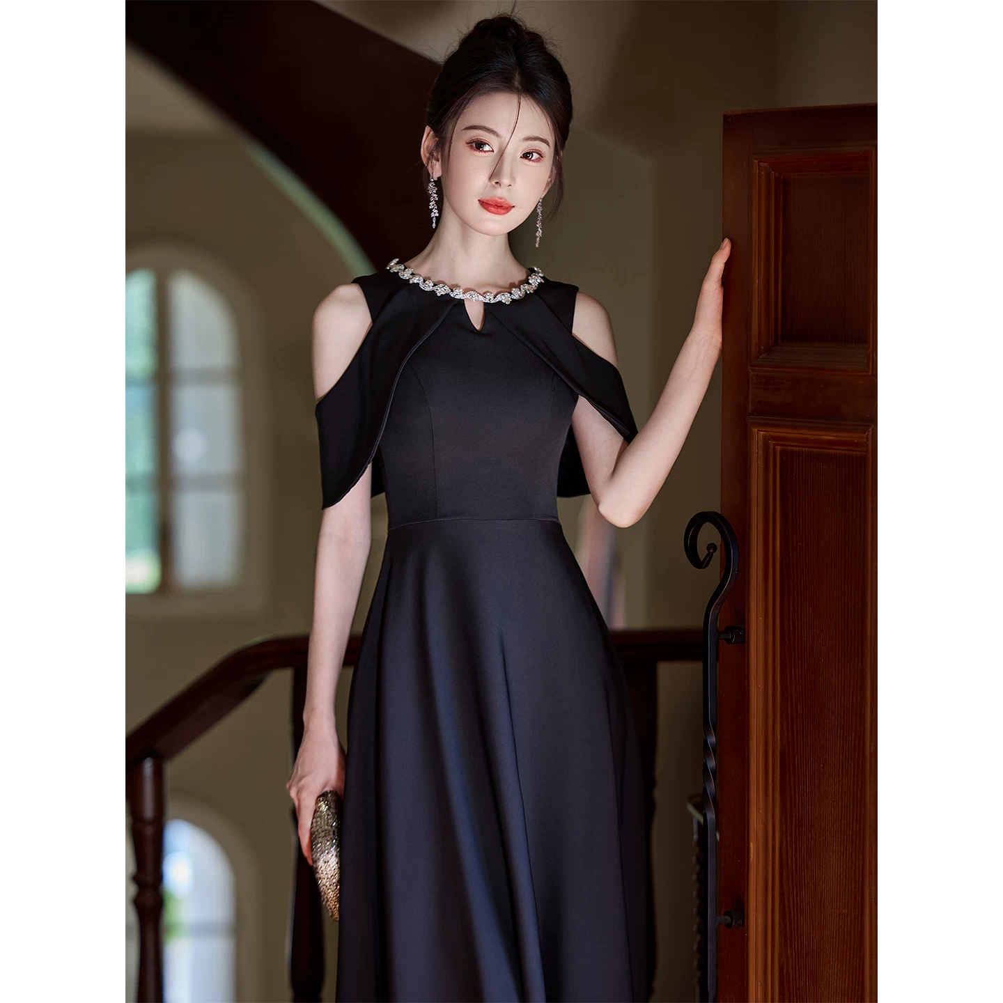 Elite black evening dress, high-quality style, french style