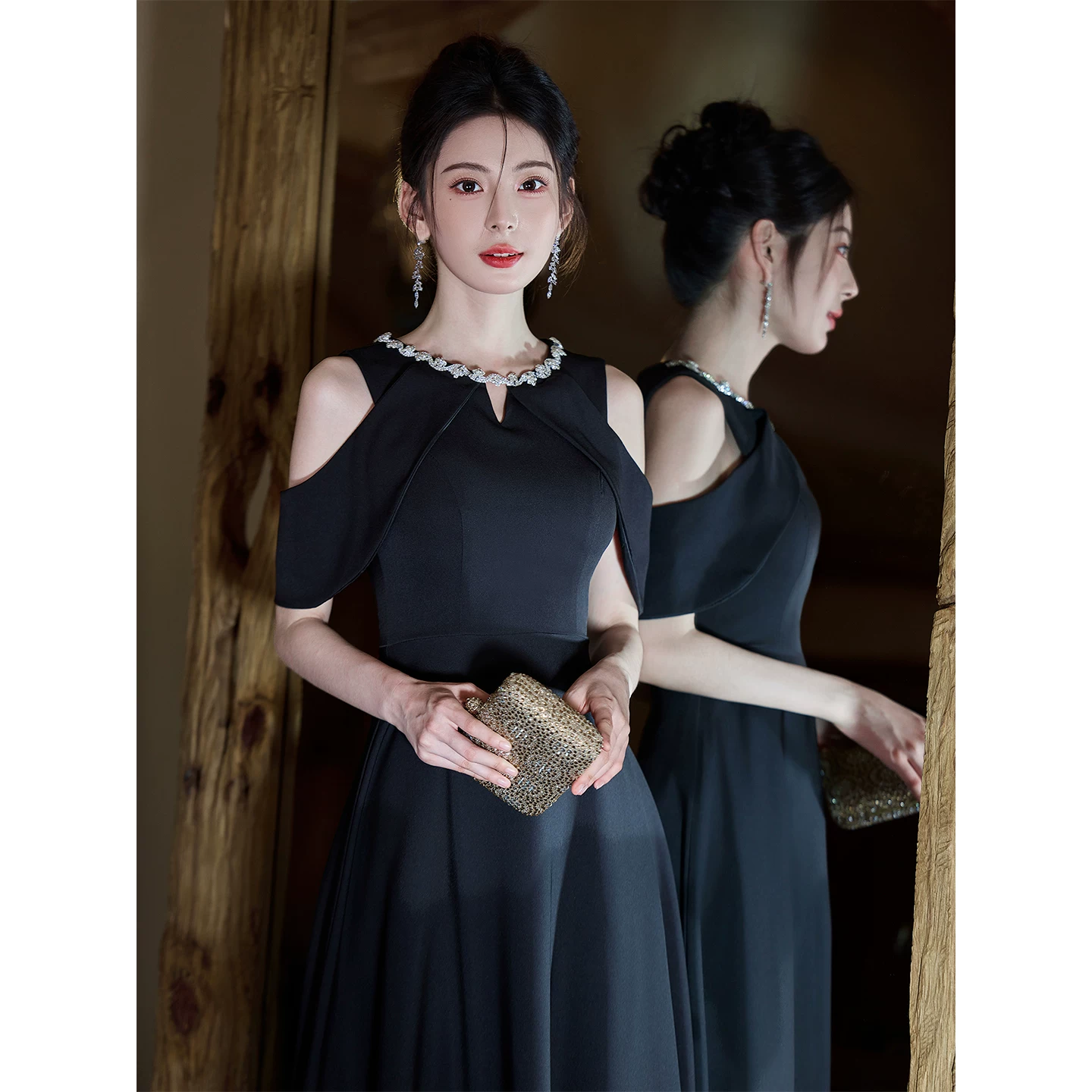 Elite black evening dress, high-quality style, french style