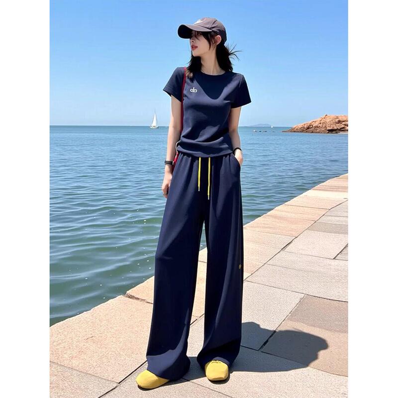 High-End Casual Sports Suit for Women, Summer Dark Blue Short-Sleeved Top, Wide-Leg Pants, Stylish and Fashionable Two-Piece Set