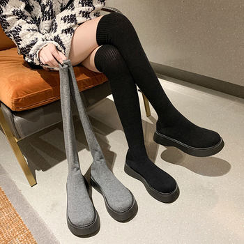 Gray high boots women's high boots sock boots new boots elastic boots 2025 autumn and winter new over-the-knee knitted boots