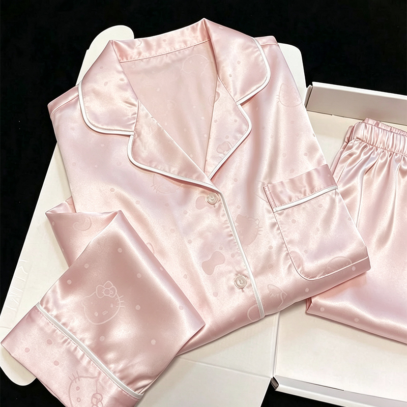 2026 New Style Girly Pink Polka Dot Cat Ice Silk Pajamas for Women, Spring and Autumn Long-Sleeved Loungewear, Summer Short-Sleeved Set