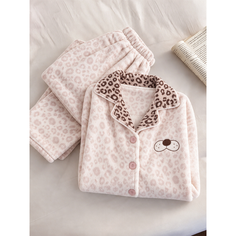 Pink Leopard Print Cool Cat Coral Fleece Pajamas for Women 2026 New Autumn and Winter Thickened Flannel Loungewear Spring