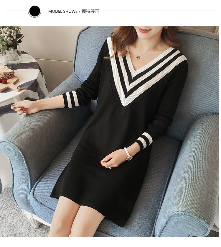 Bà bầu cho con bú phù hợp với quần áo mùa thu đông mới áo dài thời trang áo dài tay dài cổ chữ V dệt kim 	váy tôn eo	