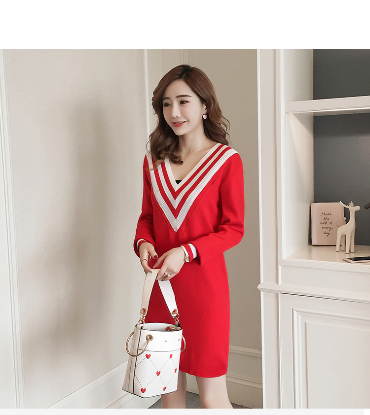 Bà bầu cho con bú phù hợp với quần áo mùa thu đông mới áo dài thời trang áo dài tay dài cổ chữ V dệt kim 	váy tôn eo	