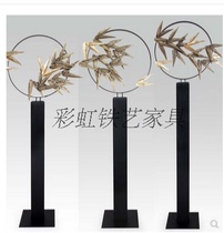  Model room floor decoration Round bamboo leaf sales office Large artwork with base wrought iron bronze plant