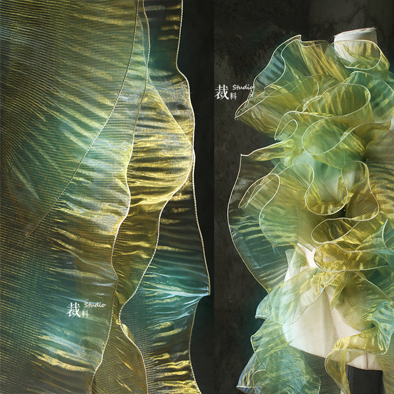 Firefly Transparent Lotus Leaf Side Solid Press Pleats Man Fish Gold Blue Magic Color Gradual Layer Laser 100 Folds Lace Fabric Accessories