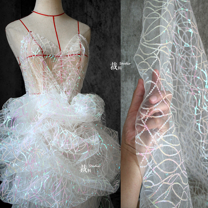 Mirror Mesh Lace Embroidery Laser Sequin Gradient Fabric Perspective Mesh Wedding Dress Costume Designer Fabric