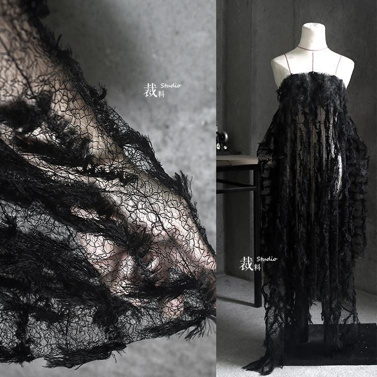 Light floating original irregular hollowed-out black creme fabric lace composite flow Su designer fabric revamp