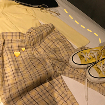 Wang Maidens shop yellow lattice pants straight tube loose hanging feeling high waist wide legs chic Korean bm pants