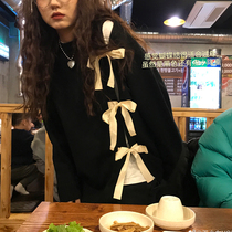 Wang Maidens shop bow black sweater Spring and Autumn New loose outer strap sweater jacket